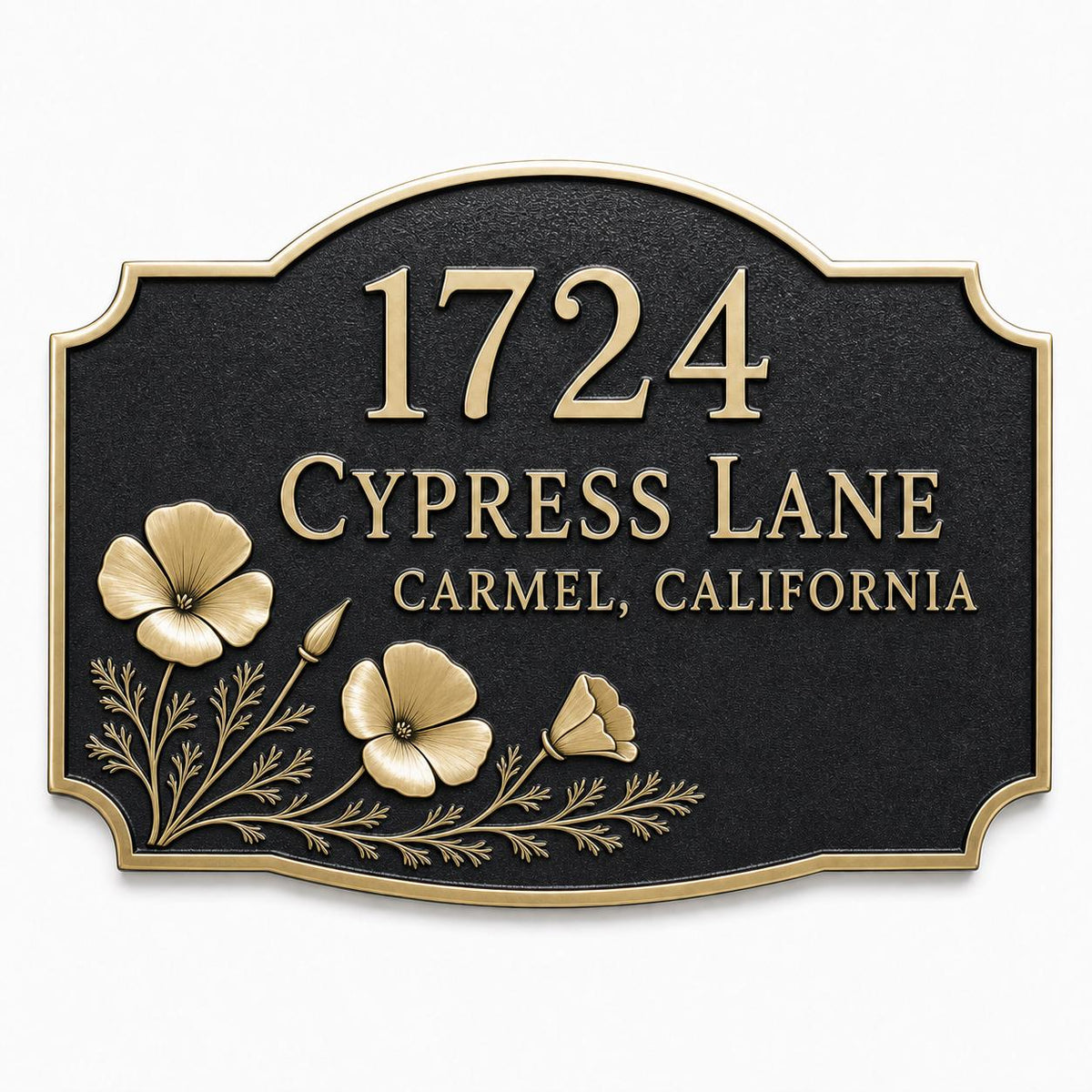 Poppy name plate with raised antique-brass number, two wording lines and poppy flowers on a dark ground