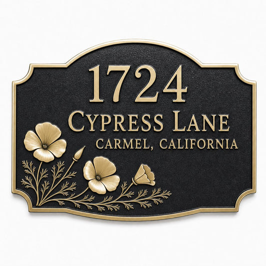 Poppy name plate with raised antique-brass number, two wording lines and poppy flowers on a dark ground