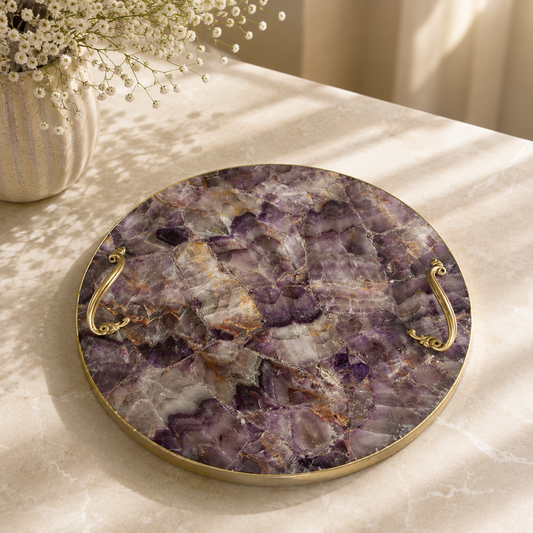 Amethyst round tray — ornate brass handles, rose gold finish, India