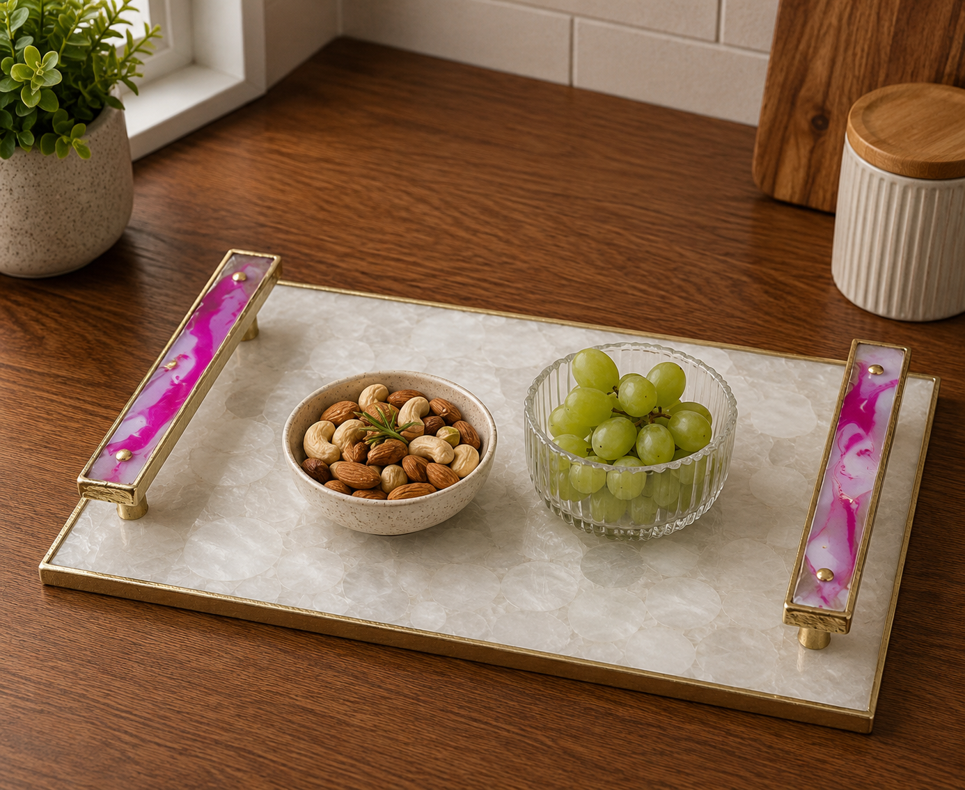 White Agate Serving Tray — Pink Agate Handles