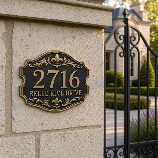 Fleur-de-Lis Cartouche plaque, pictured on a stone entrance wall
