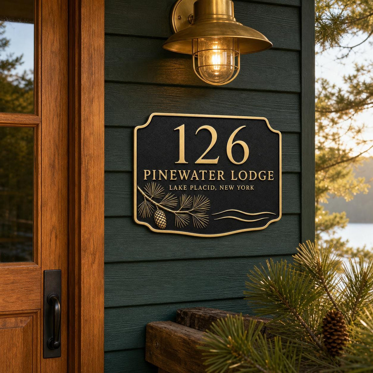 Pine Bough and Cone plaque pictured on a dark green entrance wall