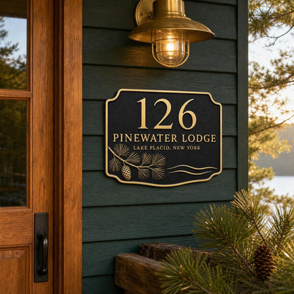 Pine Bough and Cone plaque pictured on a dark green entrance wall
