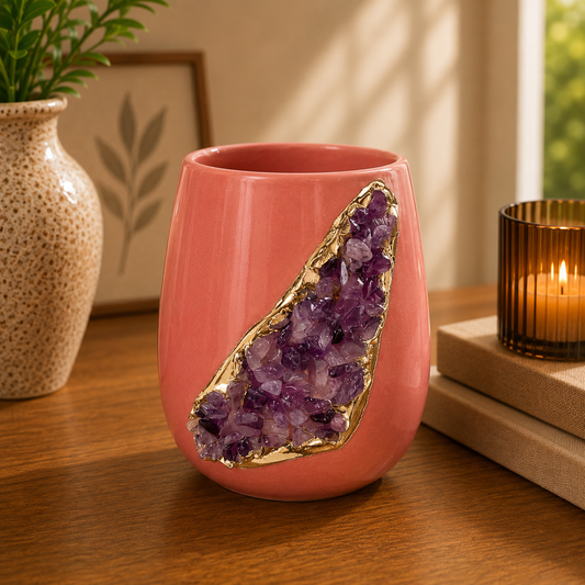 Pink Ceramic Short Teardrop Vase with Crystal Inlay