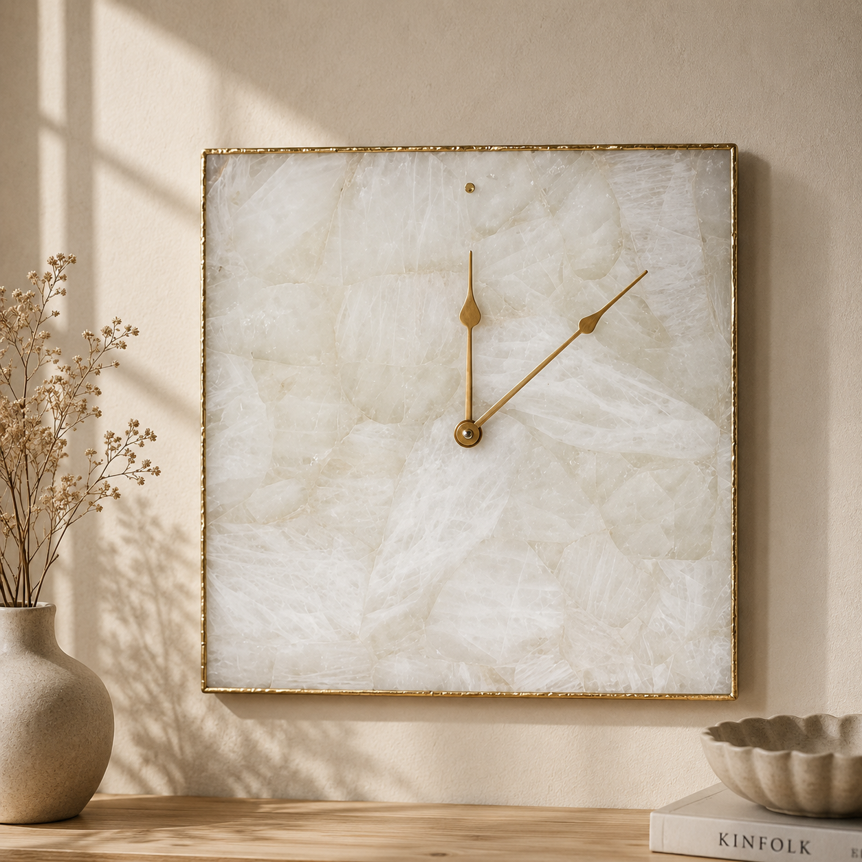 White agate square wall clock collection showing Gold, Silver and Rose Gold finish options in 12, 14 and 16 inch