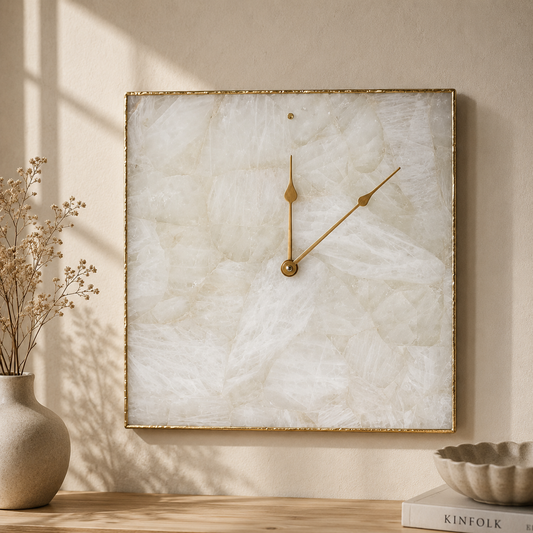 White agate square wall clock collection showing Gold, Silver and Rose Gold finish options in 12, 14 and 16 inch