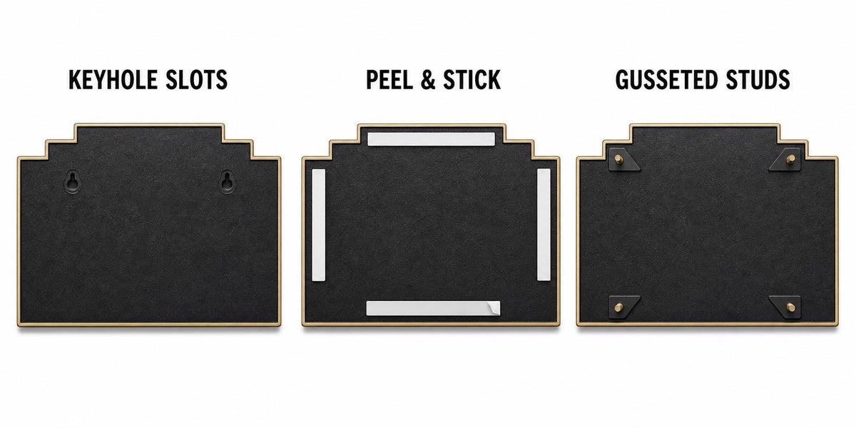 Mounting diagram for the Art Deco Stepped plaque comparing keyhole slots, peel-and-stick tape and gusseted studs