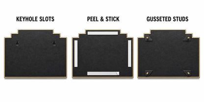 Mounting diagram for the Art Deco Stepped plaque comparing keyhole slots, peel-and-stick tape and gusseted studs