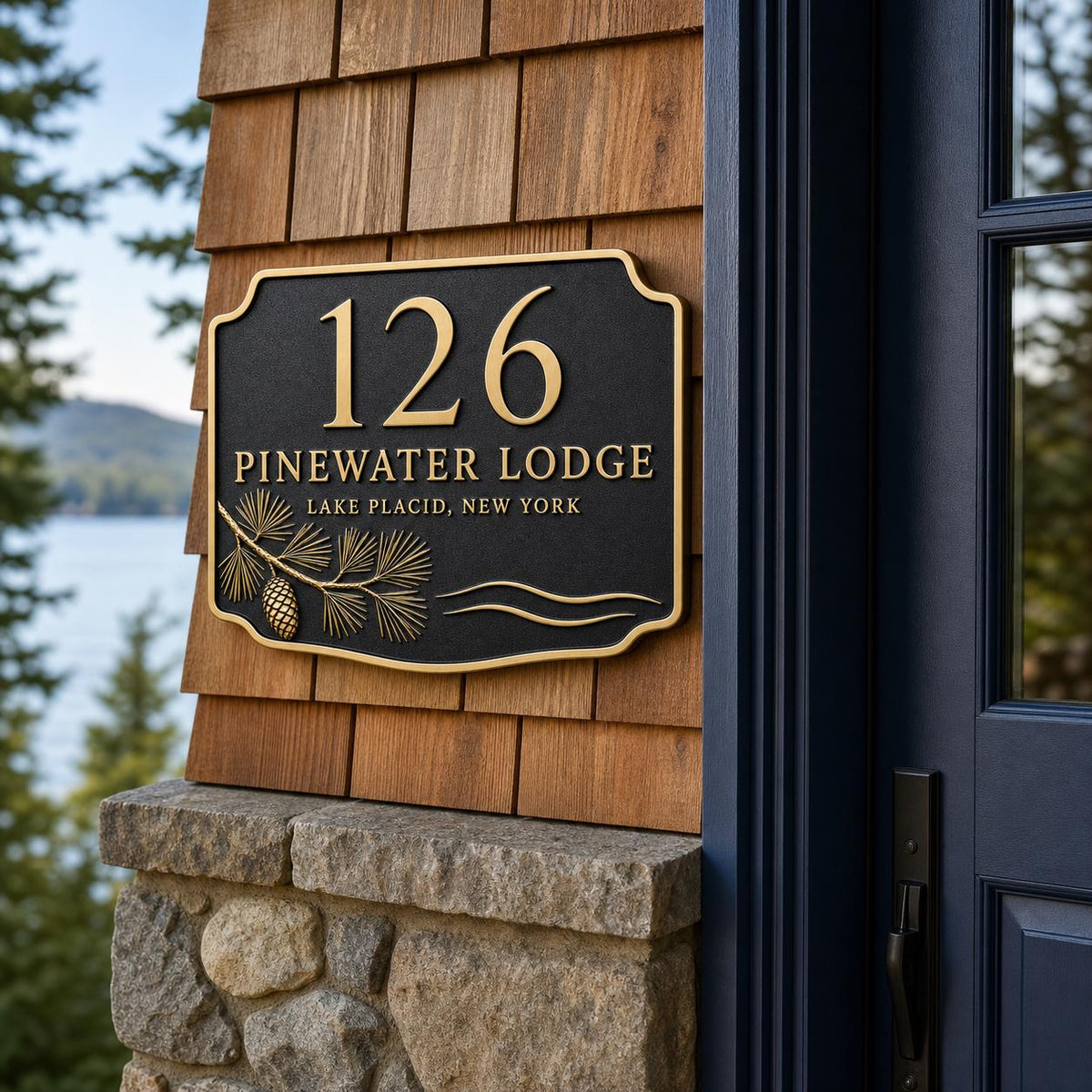 Pine Bough and Cone plaque pictured on timber cladding beside an entrance