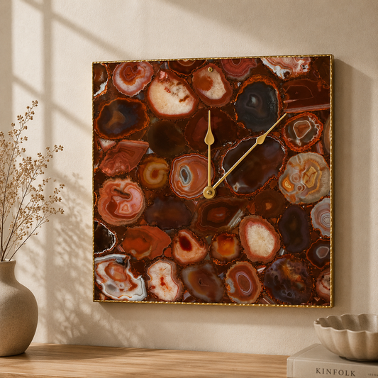 Red agate square wall clock collection showing Gold, Silver and Rose Gold options in all sizes
