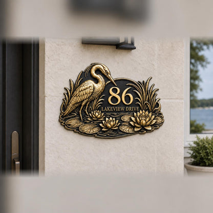 Heron and Waterlilies plaque in antique brass, pictured on a wall