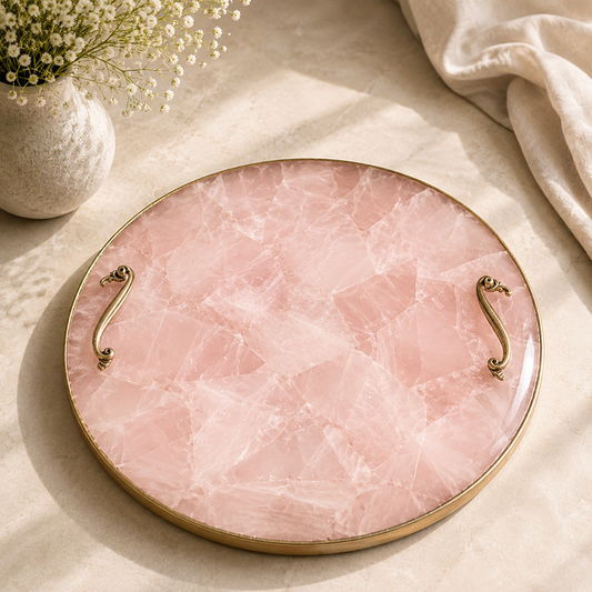 Rose quartz round tray — ornate brass handles, rose gold finish, India