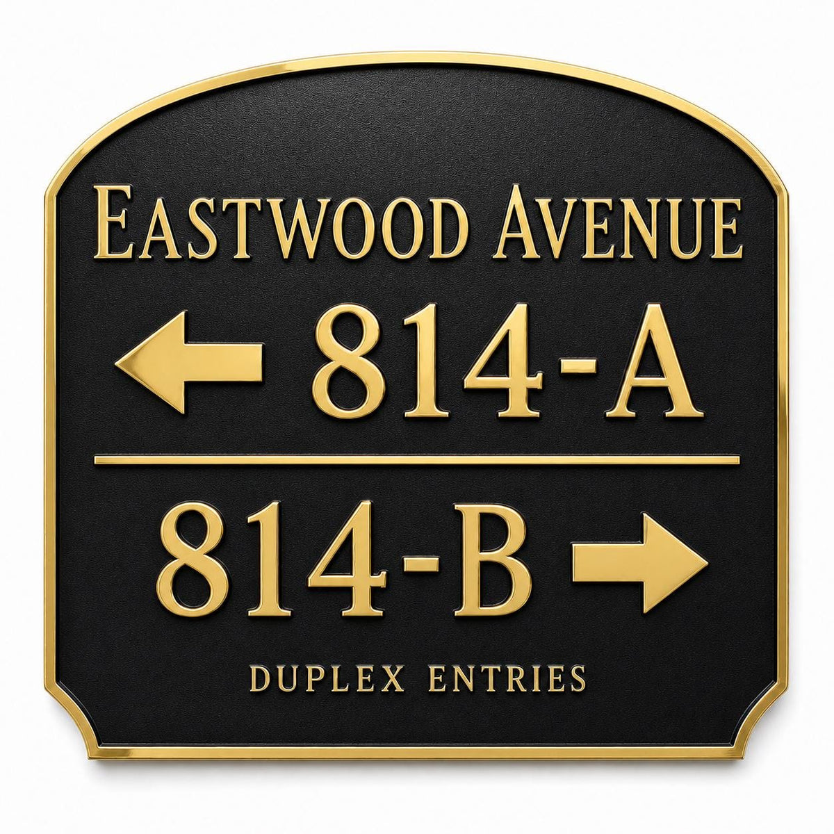Duplex Entries plaque in antique brass, front view showing the raised design and lettering