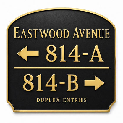 Duplex Entries plaque in antique brass, front view showing the raised design and lettering