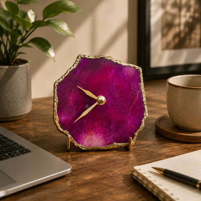 Magenta aventurine agate desk clock with metal edge, India | The Tangerine Store