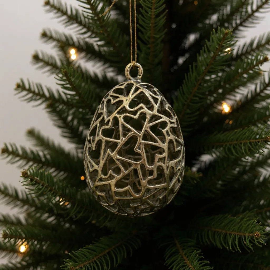 Heart egg christmas ornament | metallic holiday bauble in gold, silver and antique | set of 2 or 4