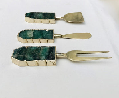 Set of 3 Green Agate Cheese Knives/Spreaders