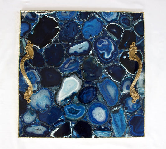 Blue Agate Serving Tray With Brass Handles | Square