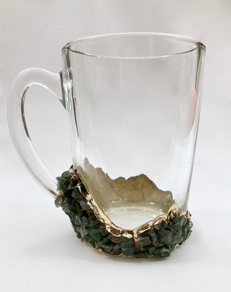Set of 2 |Crystal Glass Coffee/Tea/Juice Mugs with Gold Plated Agate/Quartz Semi-precious Crystals | 11 oz/320 ml