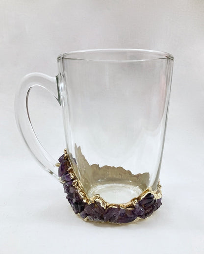 Set of 2 |Crystal Glass Beer/Coffee/Tea/Juice Mugs with Gold Plated Agate/Quartz Semi-precious Crystals | 13 oz/400 ml