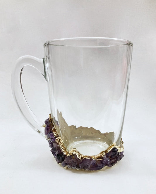 Set of 2 |Crystal Glass Beer/Coffee/Tea/Juice Mugs with Gold Plated Agate/Quartz Semi-precious Crystals | 13 oz/400 ml