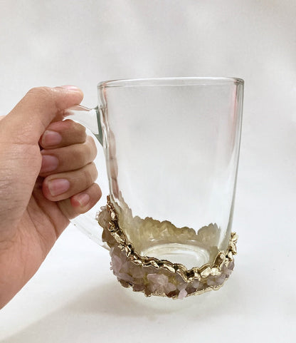 Set of 2 |Crystal Glass Beer/Coffee/Tea/Juice Mugs with Gold Plated Agate/Quartz Semi-precious Crystals | 13 oz/400 ml