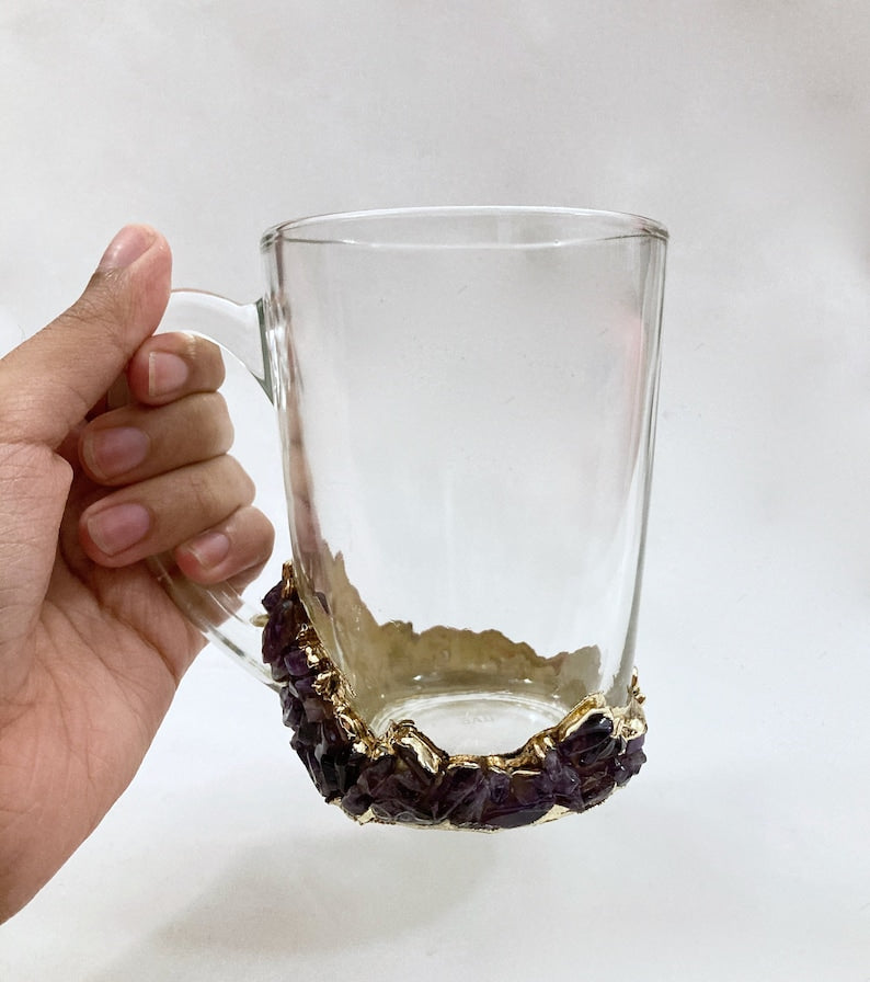 Set of 2 |Crystal Glass Coffee/Tea/Juice Mugs with Gold Plated Agate/Quartz Semi-precious Crystals | 11 oz/320 ml