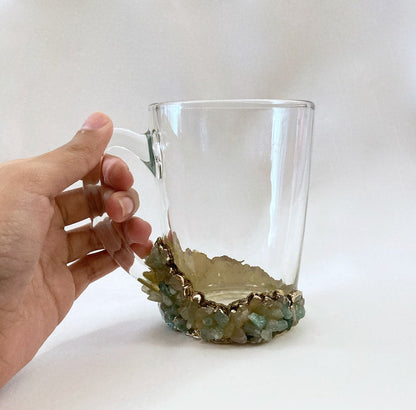Set of 2 |Crystal Glass Beer/Coffee/Tea/Juice Mugs with Gold Plated Agate/Quartz Semi-precious Crystals | 13 oz/400 ml