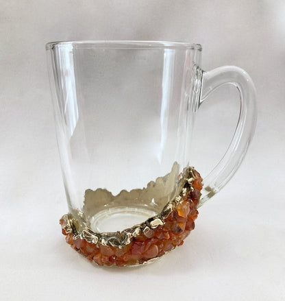 Set of 2 |Crystal Glass Coffee/Tea/Juice Mugs with Gold Plated Agate/Quartz Semi-precious Crystals | 11 oz/320 ml