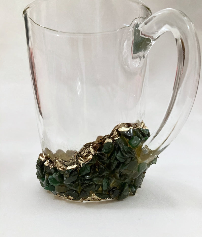 Set of 2 |Crystal Glass Coffee/Tea/Juice Mugs with Gold Plated Agate/Quartz Semi-precious Crystals | 11 oz/320 ml