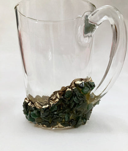 Set of 2 |Crystal Glass Coffee/Tea/Juice Mugs with Gold Plated Agate/Quartz Semi-precious Crystals | 11 oz/320 ml