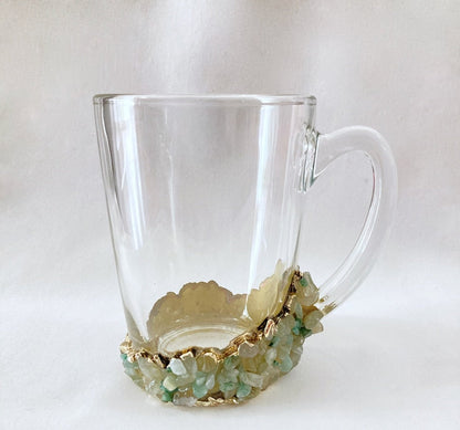 Set of 2 |Crystal Glass Coffee/Tea/Juice Mugs with Gold Plated Agate/Quartz Semi-precious Crystals | 11 oz/320 ml