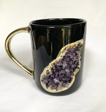 Set of 2 |Black and Gold Ceramic Big Coffee/Tea/Juice/Beverage Mug with Amethyst Semi-precious Agate Crystal | 12 oz/355 ml