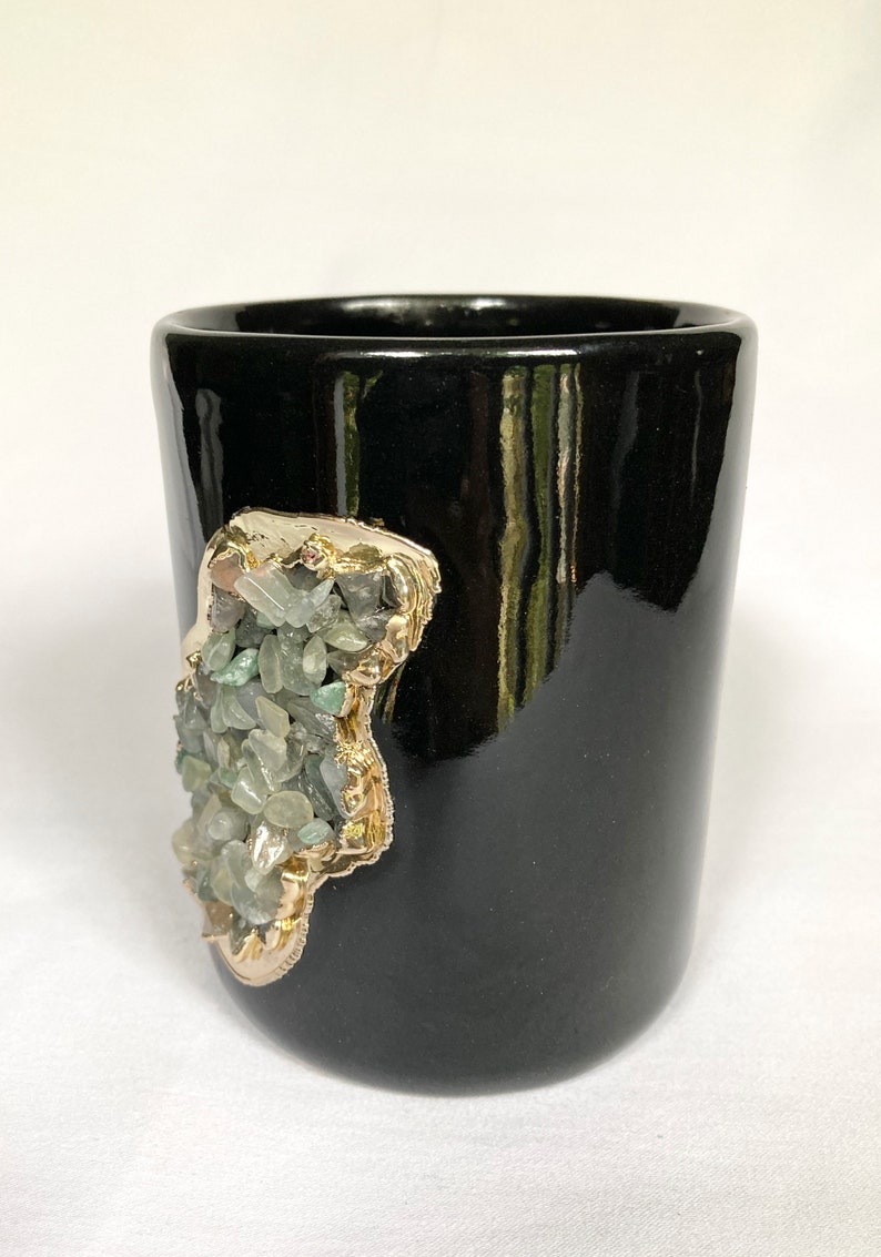 Set of 2 |Black and Gold Ceramic Big Coffee/Tea/Juice/Beverage Mug with Light Green Semi-precious Agate Crystal | 12 oz/355 ml