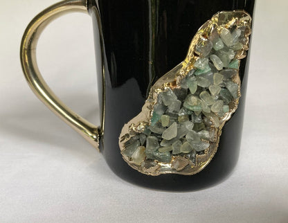 Set of 2 |Black and Gold Ceramic Big Coffee/Tea/Juice/Beverage Mug with Light Green Semi-precious Agate Crystal | 12 oz/355 ml