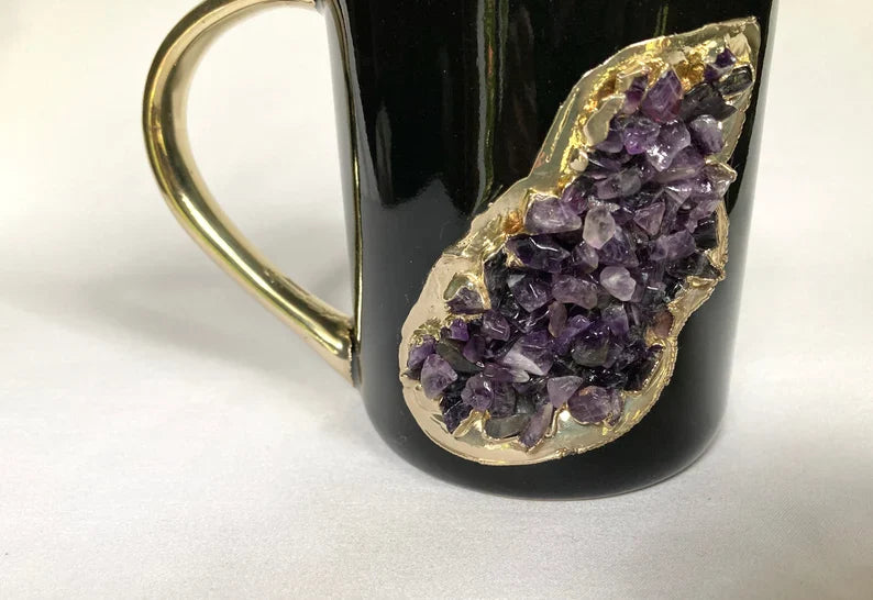 Set of 2 |Black and Gold Ceramic Big Coffee/Tea/Juice/Beverage Mug with Amethyst Semi-precious Agate Crystal | 12 oz/355 ml