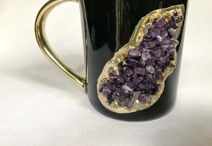 Set of 2 |Black and Gold Ceramic Big Coffee/Tea/Juice/Beverage Mug with Amethyst Semi-precious Agate Crystal | 12 oz/355 ml