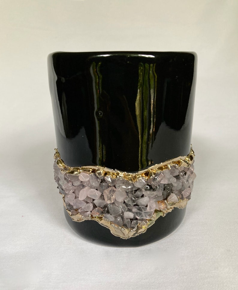 Set of 2 |Black and Gold Ceramic Big Coffee/Tea/Juice/Beverage Mug with Rose Quartz Semi-precious Agate Crystal | 12 oz/355 ml