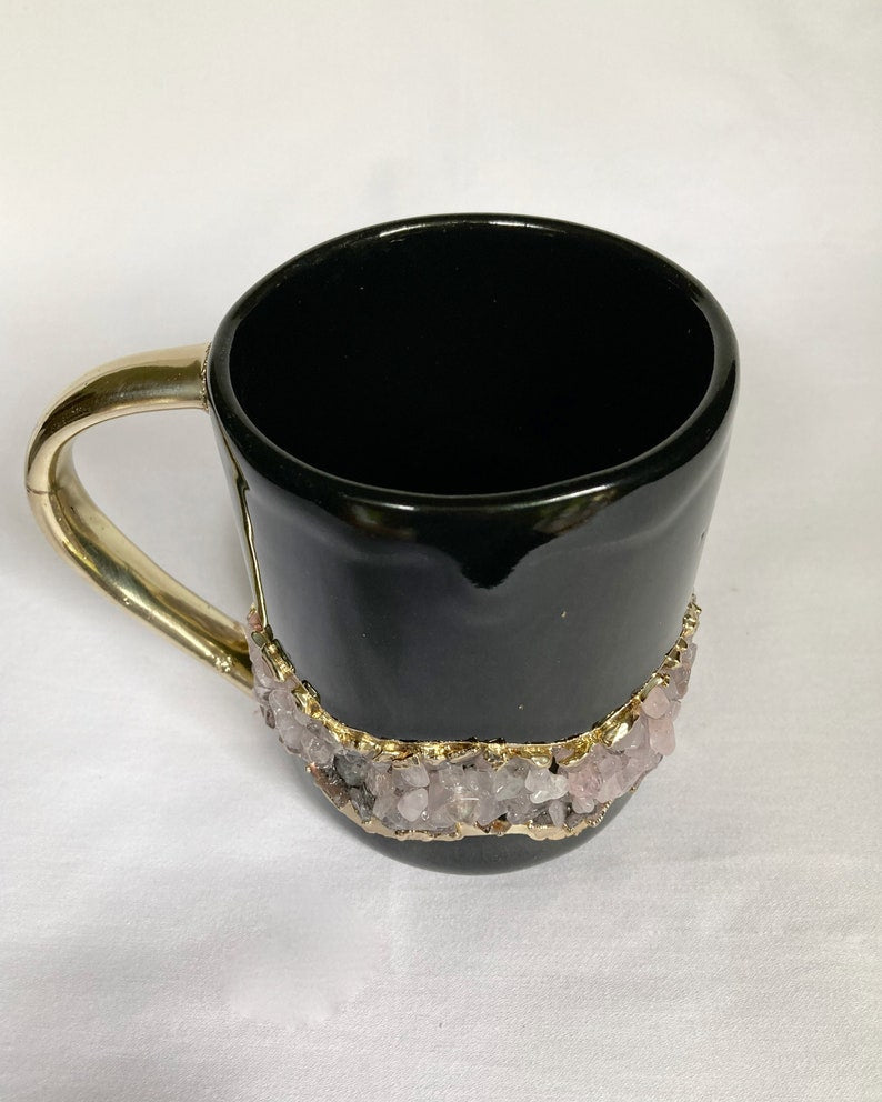 Set of 2 |Black and Gold Ceramic Big Coffee/Tea/Juice/Beverage Mug with Rose Quartz Semi-precious Agate Crystal | 12 oz/355 ml