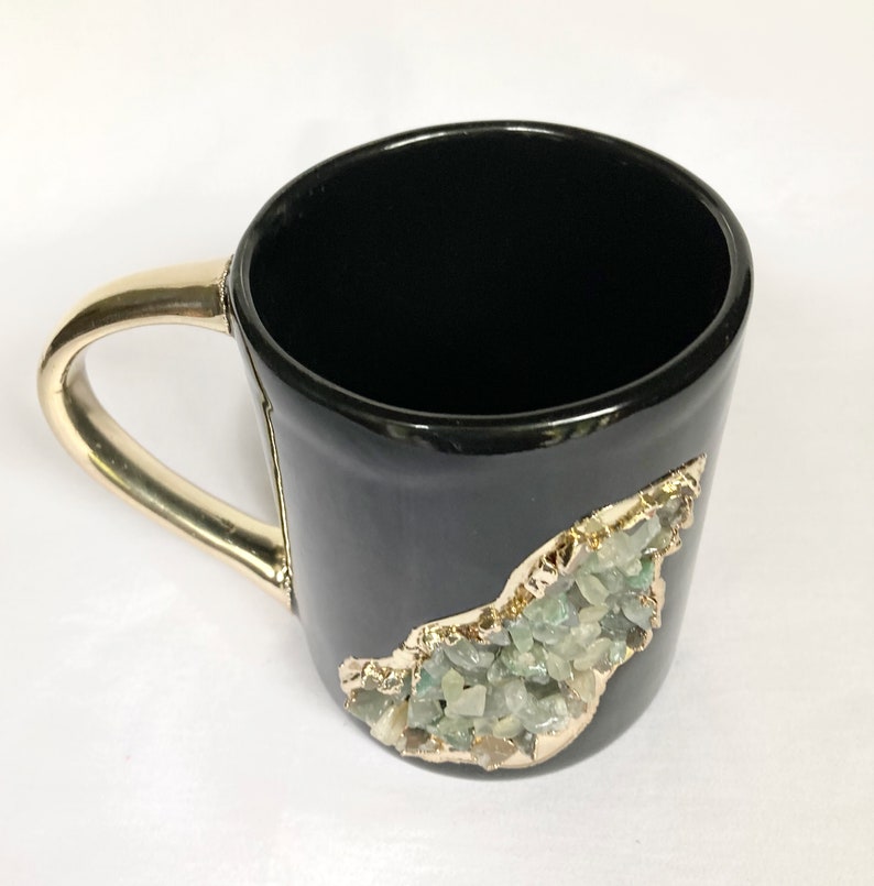 Set of 2 |Black and Gold Ceramic Big Coffee/Tea/Juice/Beverage Mug with Light Green Semi-precious Agate Crystal | 12 oz/355 ml