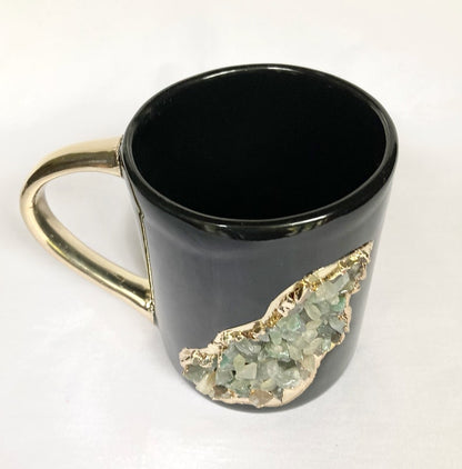 Set of 2 |Black and Gold Ceramic Big Coffee/Tea/Juice/Beverage Mug with Light Green Semi-precious Agate Crystal | 12 oz/355 ml