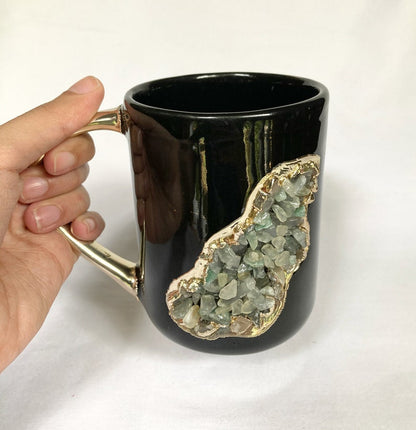 Set of 2 |Black and Gold Ceramic Big Coffee/Tea/Juice/Beverage Mug with Light Green Semi-precious Agate Crystal | 12 oz/355 ml