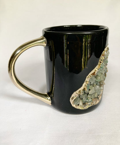 Set of 2 |Black and Gold Ceramic Big Coffee/Tea/Juice/Beverage Mug with Light Green Semi-precious Agate Crystal | 12 oz/355 ml
