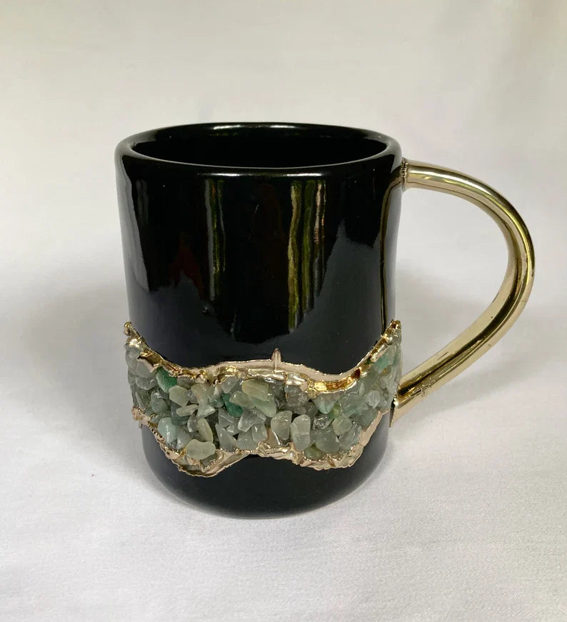Set of 2 |Black and Gold Ceramic Big Coffee/Tea/Juice/Beverage Mug with Light Green Semi-precious Agate Crystal | 12 oz/355 ml