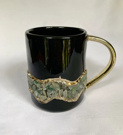 Set of 2 |Black and Gold Ceramic Big Coffee/Tea/Juice/Beverage Mug with Light Green Semi-precious Agate Crystal | 12 oz/355 ml