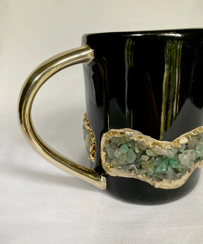 Set of 2 |Black and Gold Ceramic Big Coffee/Tea/Juice/Beverage Mug with Light Green Semi-precious Agate Crystal | 12 oz/355 ml