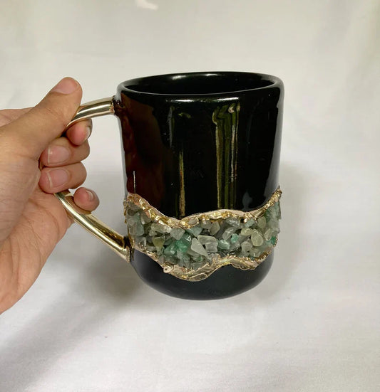 Set of 2 |Black and Gold Ceramic Big Coffee/Tea/Juice/Beverage Mug with Light Green Semi-precious Agate Crystal | 12 oz/355 ml