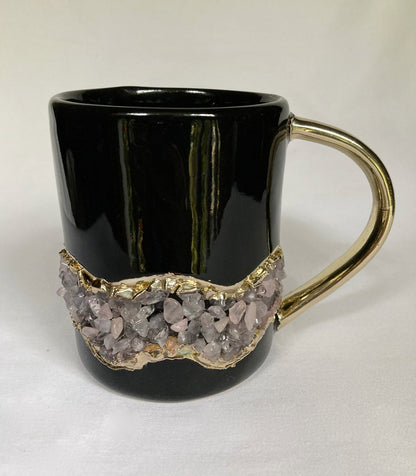 Set of 2 |Black and Gold Ceramic Big Coffee/Tea/Juice/Beverage Mug with Rose Quartz Semi-precious Agate Crystal | 12 oz/355 ml