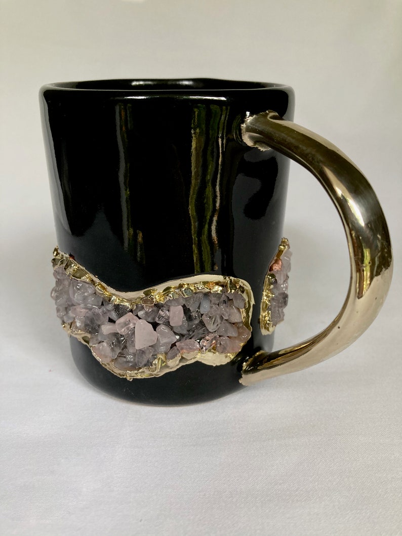 Set of 2 |Black and Gold Ceramic Big Coffee/Tea/Juice/Beverage Mug with Rose Quartz Semi-precious Agate Crystal | 12 oz/355 ml