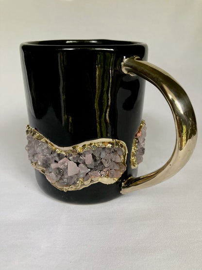 Set of 2 |Black and Gold Ceramic Big Coffee/Tea/Juice/Beverage Mug with Rose Quartz Semi-precious Agate Crystal | 12 oz/355 ml